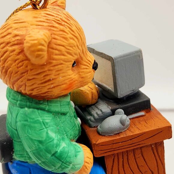 Vintage Teddy Bear w/ Computer at Desk Christmas Ornament Tech Guy Gift 1990s - Picture 5 of 7